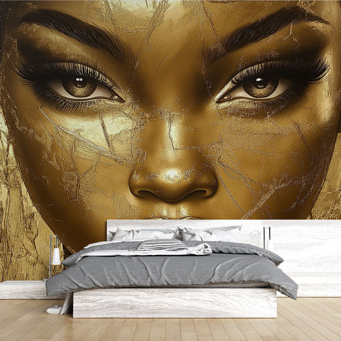 Papier peint artistique doré avec visage féminin pour décoration murale moderne chambre adulte