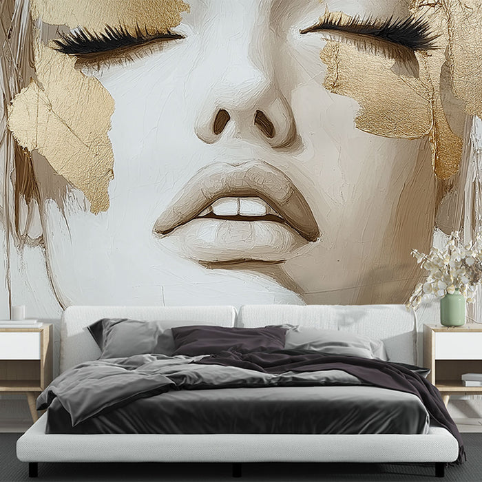 Papier peint artistique visage en or avec touches dorées pour chambre moderne