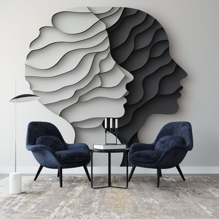 Papier peint minimaliste noir et blanc avec silhouettes en relief pour salon moderne