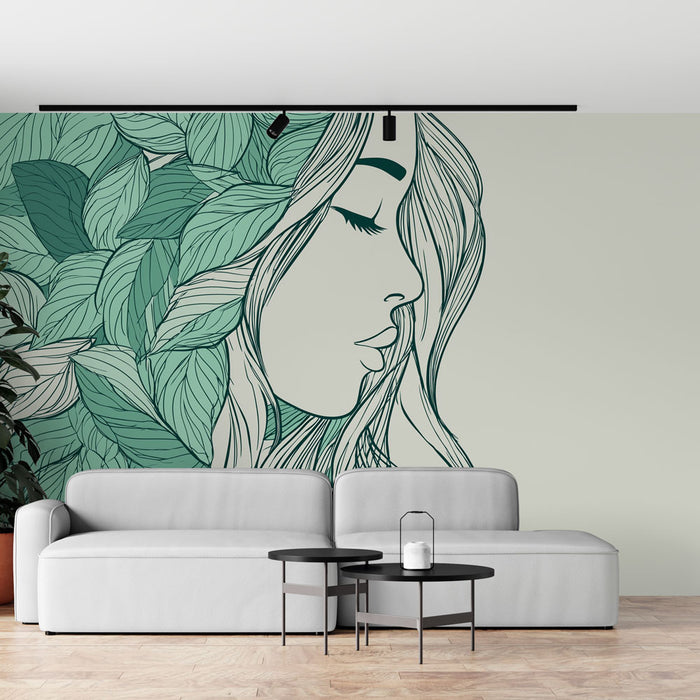 Une pièce moderne avec un papier peint artistique représentant le profil d'une femme entourée de feuilles vertes, créant une ambiance douce et naturelle.
