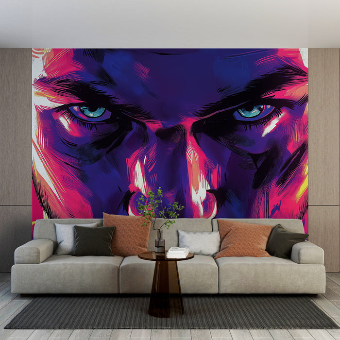 Papier peint visage intense | Illustration moderne avec des couleurs vives