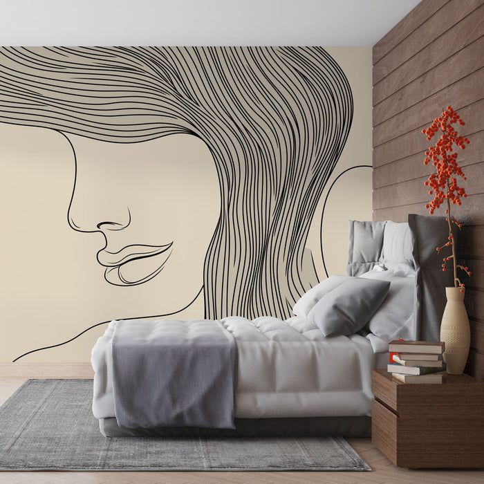 Papier peint minimaliste avec illustration d'un visage féminin élégant pour chambre moderne