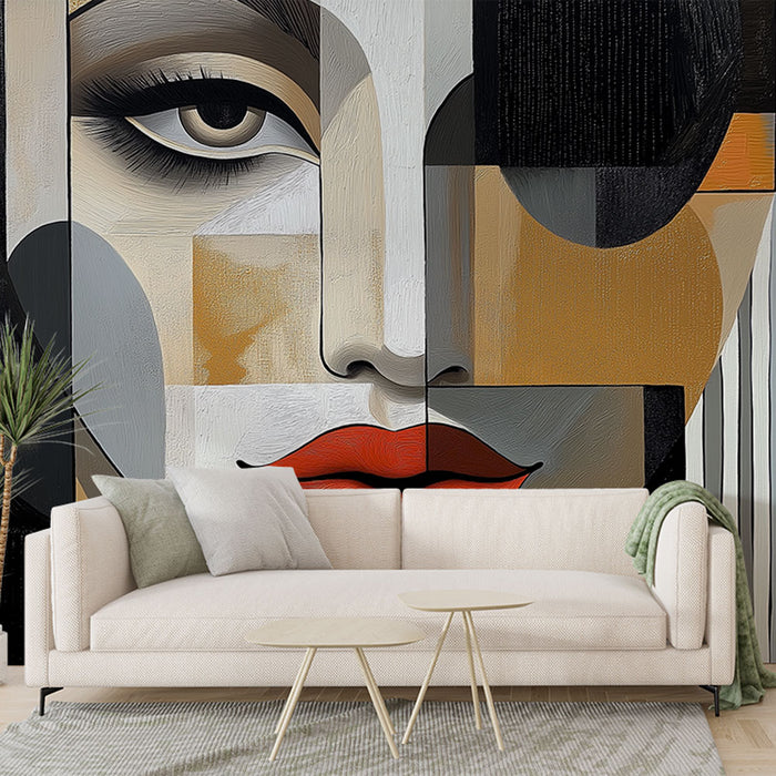 Papier peint visage stylisé avec portrait abstrait aux couleurs chaudes et géométriques pour salon moderne