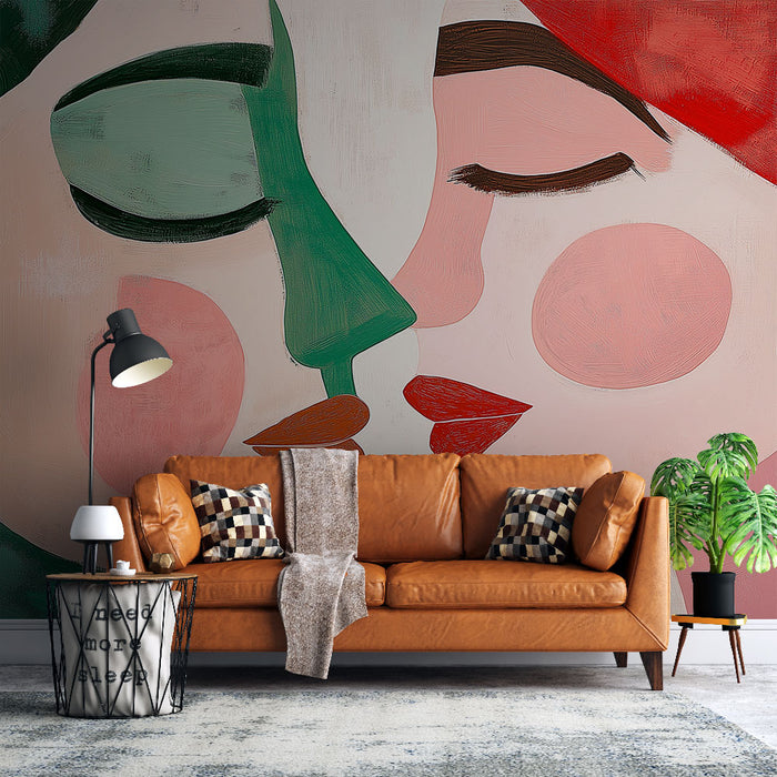 Papier peint abstrait avec visages s'embrassant dans des tons pastel pour salon moderne.