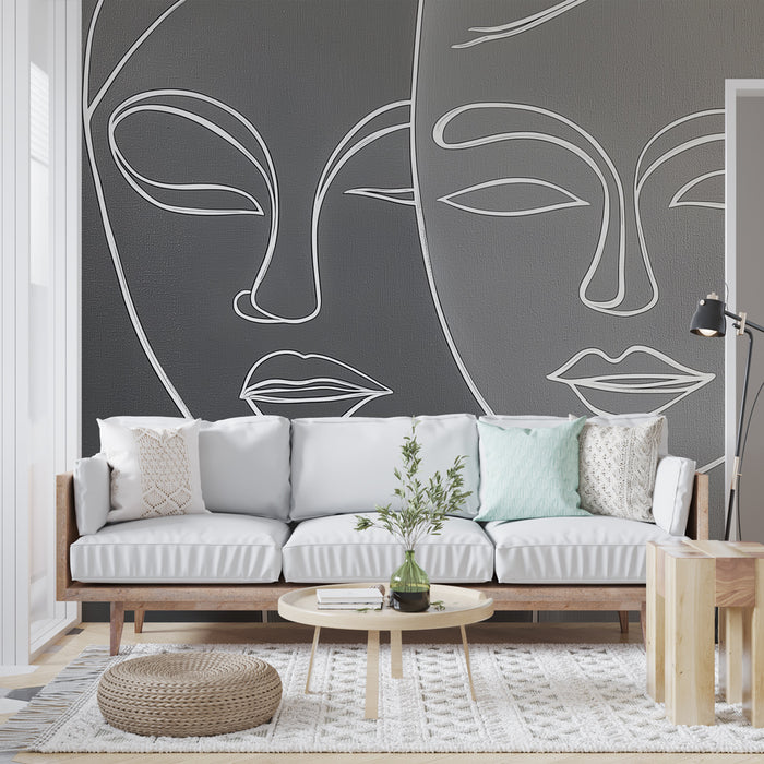 Papier peint abstrait avec silhouettes de visages minimalistes sur fond gris pour salon moderne