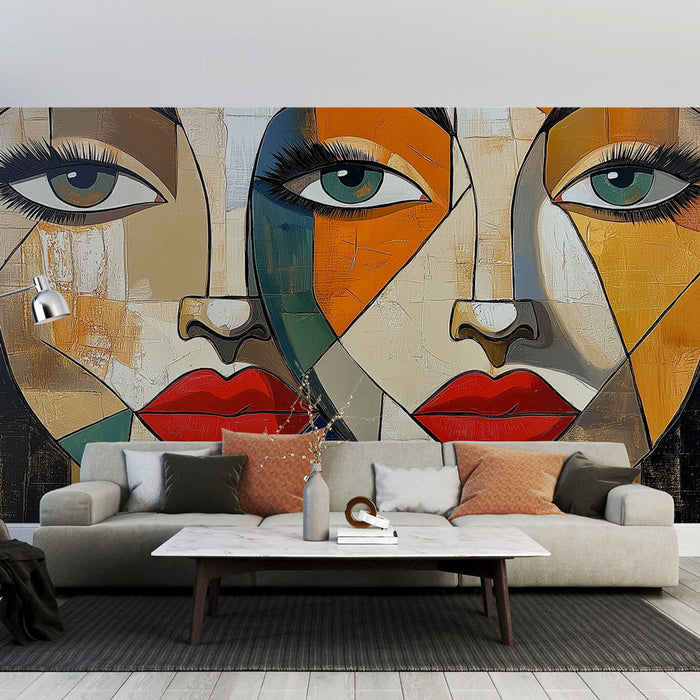 Papier peint artistique avec illustration abstraite de visages pour salon moderne