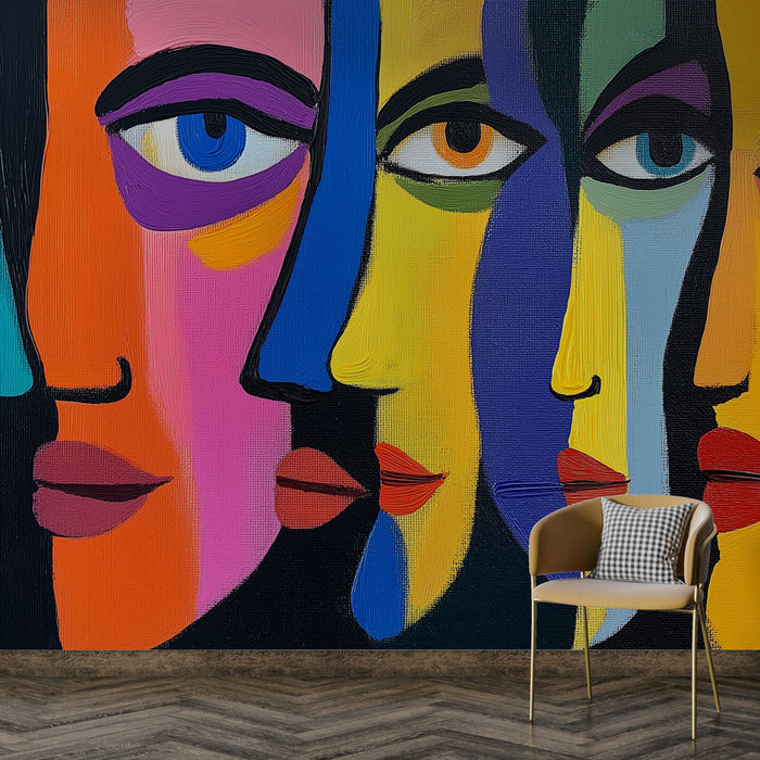 Papier peint artistique avec visages colorés et silhouettes stylisées pour décoration murale moderne