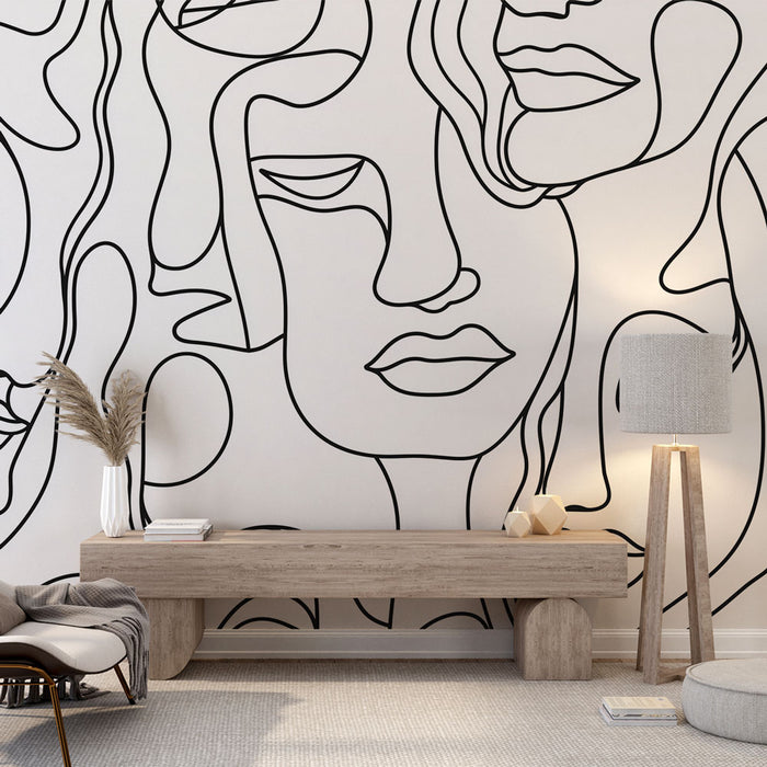 Papier peint visages line art | Design abstrait en noir et blanc