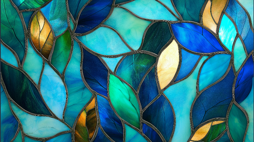 Papier peint vitrail bleu Feuilles translucides et nuances éclatantes