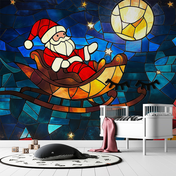 Papier peint vitrail Noël | Illustration de Santa Claus dans un traîneau sous la lune