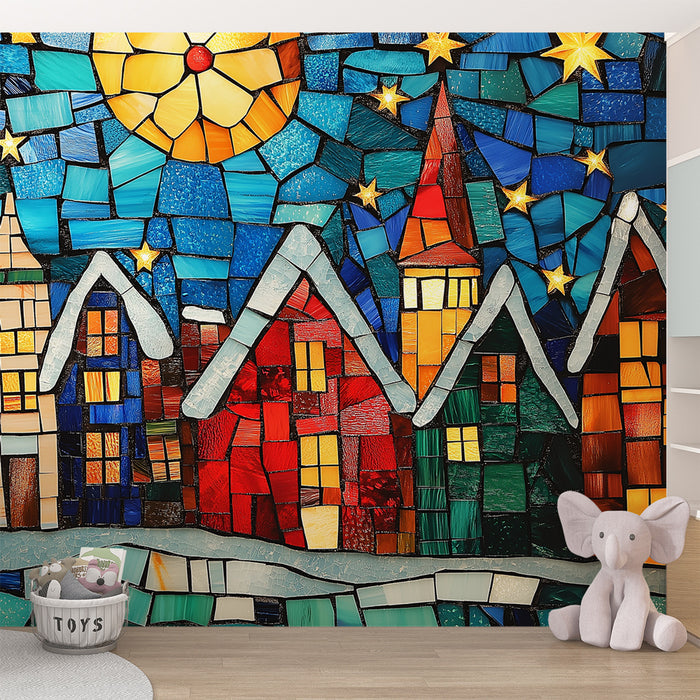 Papier peint vitrail coloré avec villages sous un ciel étoilé pour chambre d'enfant.