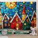 Papier peint vitrail coloré avec villages sous un ciel étoilé pour chambre d'enfant.