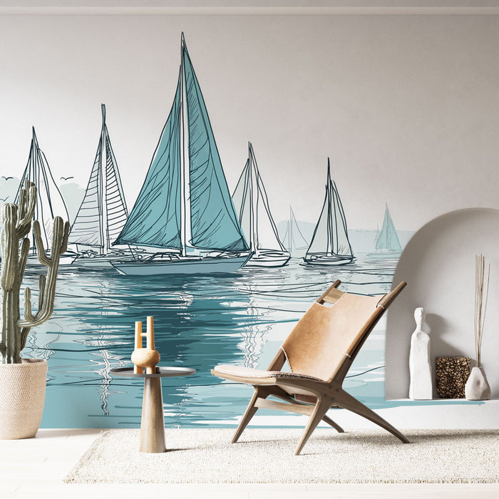 Une pièce lumineuse avec un papier peint illustrant des voiliers aux teintes turquoise sur un fond aquatique, créant une atmosphère sereine et maritime.