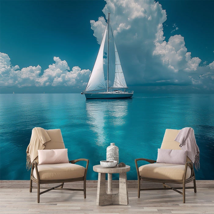 Une pièce lumineuse avec un papier peint représentant un voilier sur une mer turquoise, créant une ambiance apaisante et maritime.