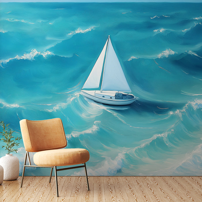 Une pièce lumineuse avec un papier peint représentant un voilier naviguant sur des vagues turquoise, créant une atmosphère apaisante et maritime.