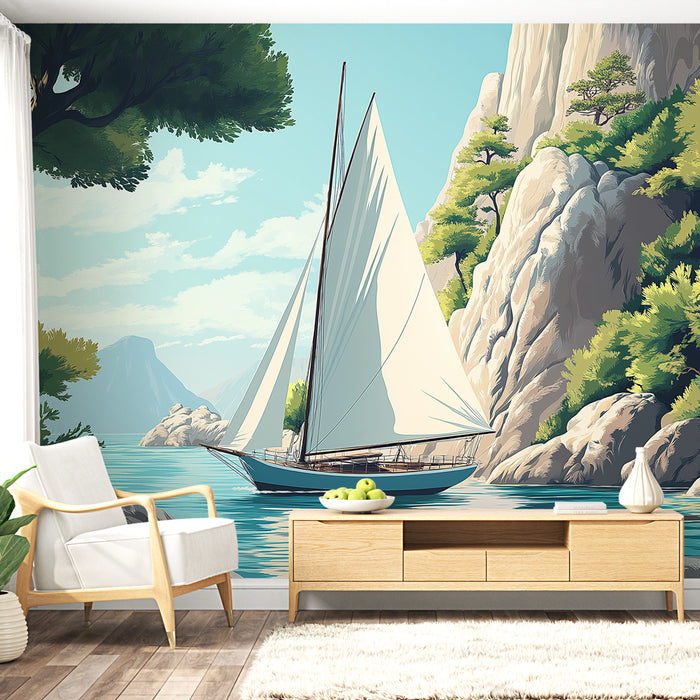 Une pièce lumineuse avec un papier peint illustrant un voilier naviguant paisiblement entre des rochers et des arbres, créant une atmosphère sereine et estivale.