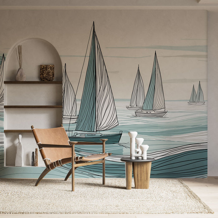 Un salon moderne avec un papier peint représentant des voiliers stylisés aux teintes bleu-vert sur un fond doux, créant une ambiance apaisante et maritime.