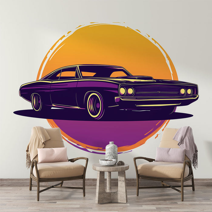 Papier peint voiture classique | Design rétro de voiture muscle avec coucher de soleil