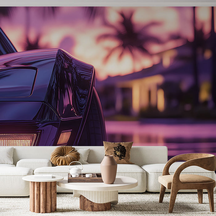 Papier peint voiture classique | Voiture vintage sous un coucher de soleil éclatant