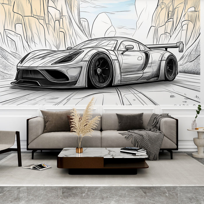 Papier peint voiture de sport | Design dynamique sur fond de paysages spectaculaires