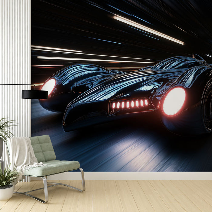 Une pièce moderne avec un papier peint représentant une voiture futuriste noire en mouvement, créant une ambiance dynamique et énergique.