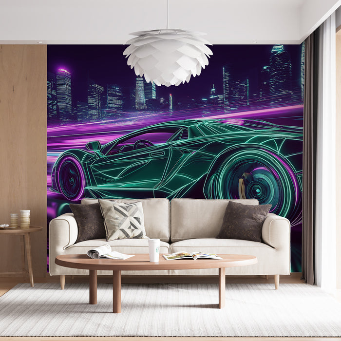 Un salon moderne avec un papier peint futuriste représentant une voiture stylisée en néon sur fond urbain nocturne, créant une ambiance dynamique et énergique.