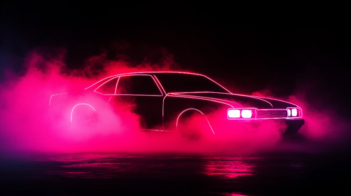 Papier peint voiture rétro Voiture rétro illuminée par des néons roses dans un fond brumeux