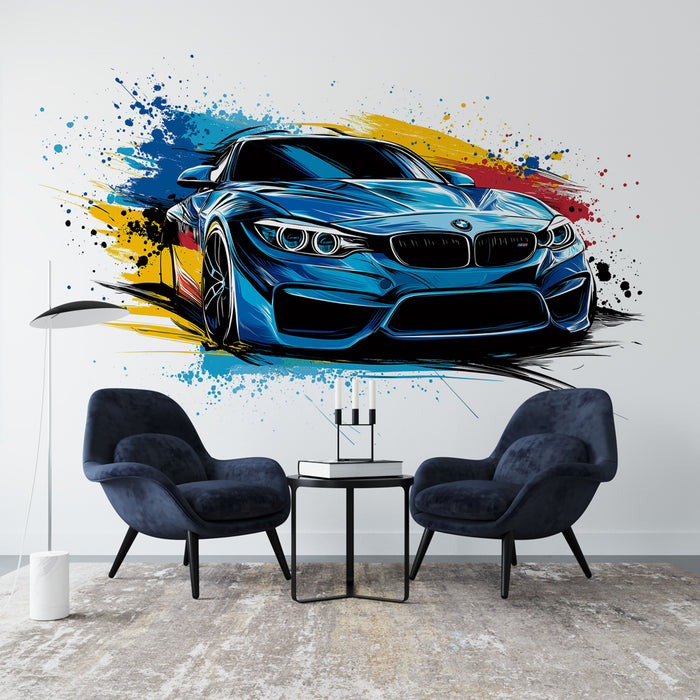 Papier peint voiture sport | BMW moderne avec éclaboussures de peinture