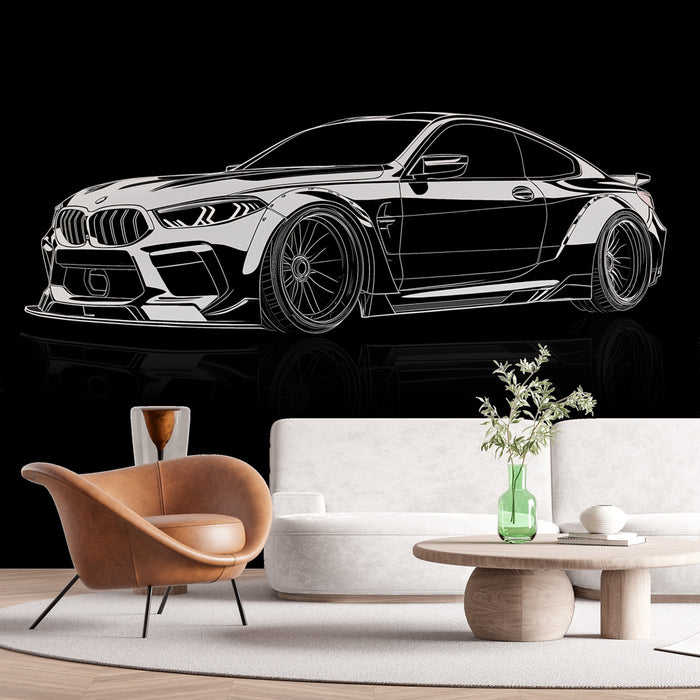 Papier peint voiture sportive | Design de BMW stylisé en noir et blanc