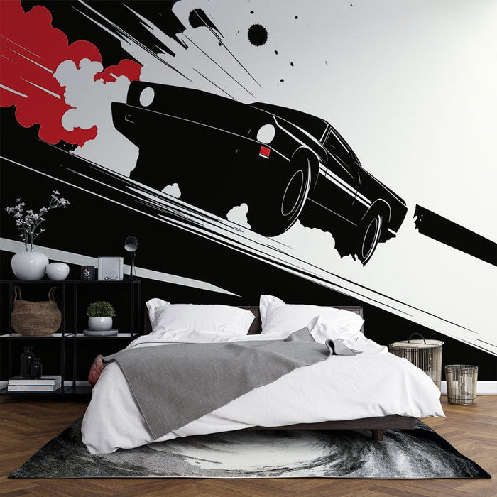 Une chambre moderne avec un papier peint graphique représentant une voiture en mouvement, en noir et rouge, évoquant une ambiance dynamique et urbaine.