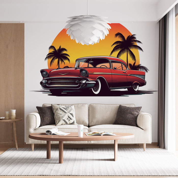 Papier peint voiture vintage | Classique Red Hot sous le soleil couchant