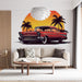 Papier peint vintage avec voiture classique rouge et coucher de soleil pour salon moderne