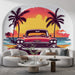 Papier peint vintage avec voiture rétro et coucher de soleil tropical pour salon moderne
