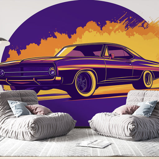 Papier peint vintage avec illustration colorée de voiture classique pour salon moderne.