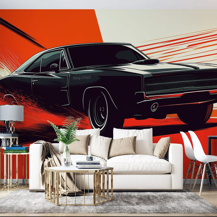 Une pièce moderne avec un papier peint graphique représentant une voiture noire stylisée sur fond rouge vif, créant une ambiance dynamique et audacieuse.