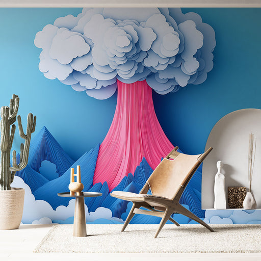 Papier peint volcan coloré avec éruption créative, montagnes et nuages en papier découpé pour salon moderne.