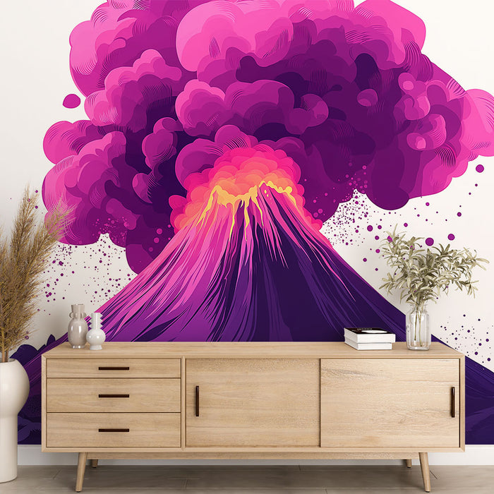 Papier peint volcan coloré | Éruption stylisée en teintes roses et violettes