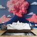 Papier peint volcan stylisé avec nuages colorés pour chambre moderne