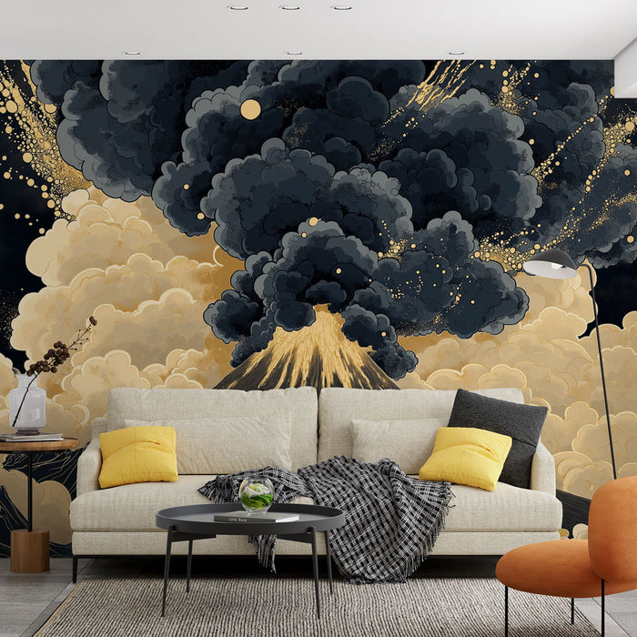 Papier peint éruption volcanique stylisée avec nuages dorés pour salon moderne.
