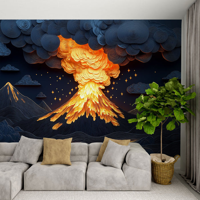 Papier peint éruption volcanique stylisée avec nuages et montagnes pour salon moderne
