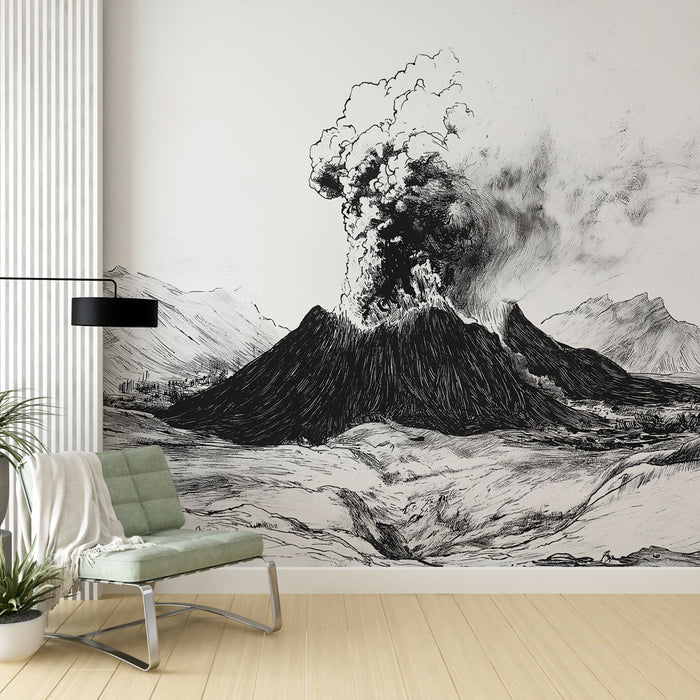 Papier peint volcanique | Éruption majestueuse en noir et blanc