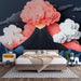 Papier peint volcanique avec éruption stylisée et nuages en papier découpé pour chambre moderne