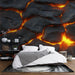 Papier peint volcanique avec motif de roches et fissures lumineuses orange pour chambre moderne.