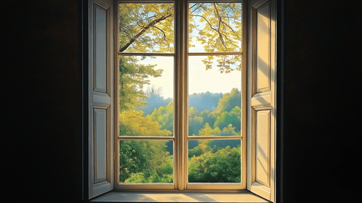 Papier peint vue de fenêtre Paysage verdoyant à travers une fenêtre ouverte