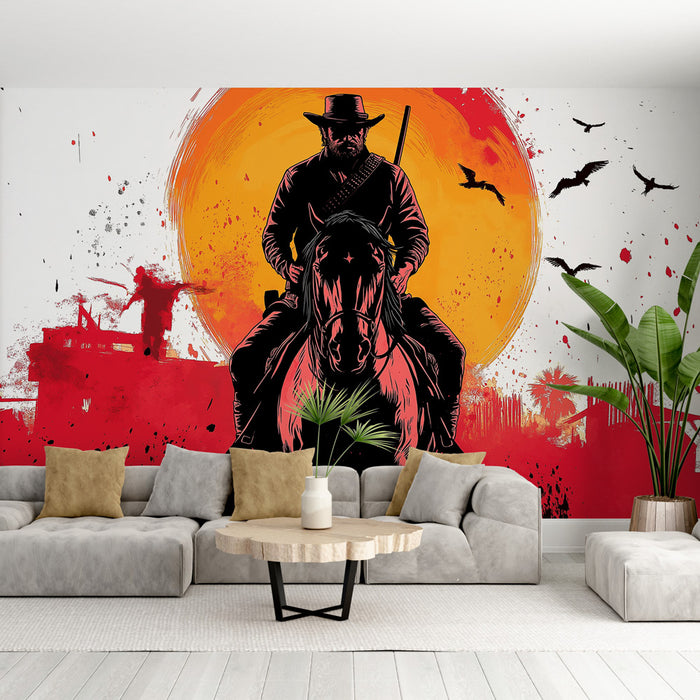 Un salon contemporain avec un papier peint illustratif représentant un cavalier silhouetté devant un soleil orange, créant une ambiance dynamique et audacieuse.