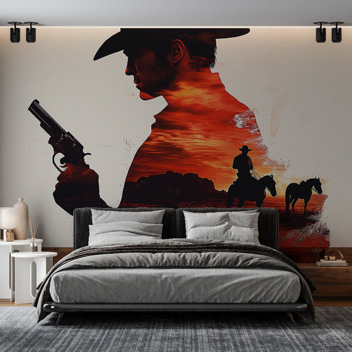 Une chambre moderne avec un papier peint représentant un cow-boy en silhouette sur fond de coucher de soleil flamboyant, créant une atmosphère audacieuse et dynamique.
