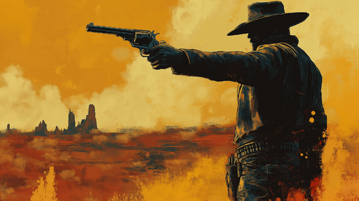 Papier peint western Silhouette d'un cowboy en pleine action avec un ciel orange