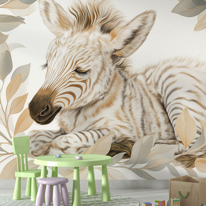 Une chambre d'enfant avec un papier peint illustrant un zèbre doux et stylisé, entouré de feuilles aux teintes neutres, créant une atmosphère chaleureuse et apaisante.