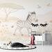 Une chambre d'enfant avec un papier peint illustrant une adorable zebra grise sur fond pastel, créant une ambiance douce et ludique.