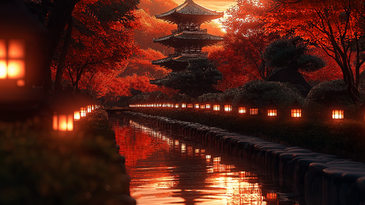 Papier peint zen Paysage d'automne avec lanternes illuminées